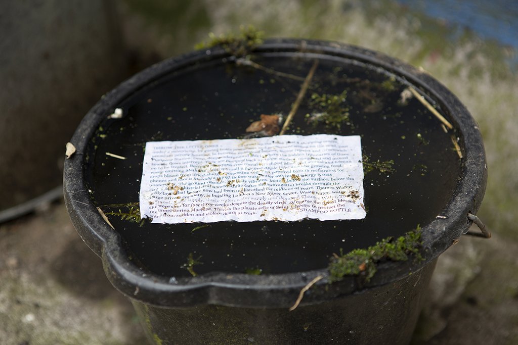 script floating on water in a black bucket